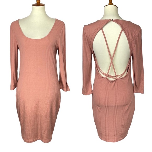 G by Guess Dress Womens Large Rose Pink Bodycon Strappy‎ Open Back Long Sleeves - Picture 1 of 13